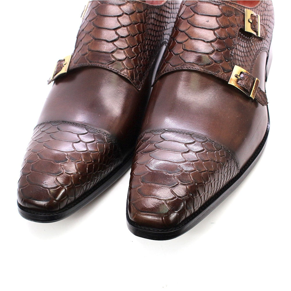 Mens Dress Shoes Genuine Leather Double Buckle Monk Strap Men Shoes Snake