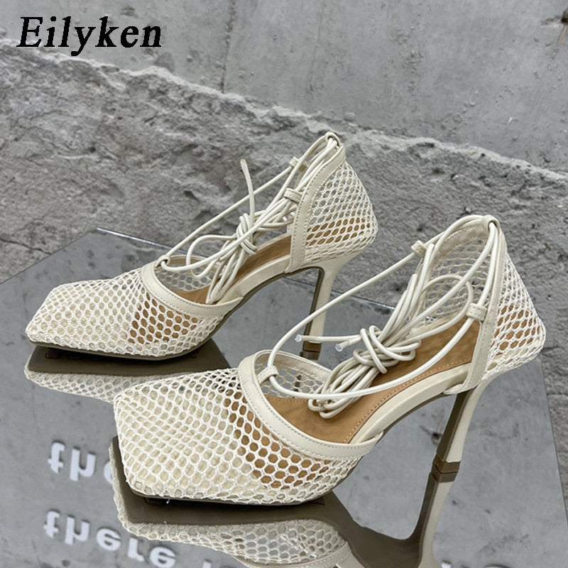 Eilyken Sexy Hollow Out Mesh Women Pumps Lace-Up Sandals  Square Toe High Heel