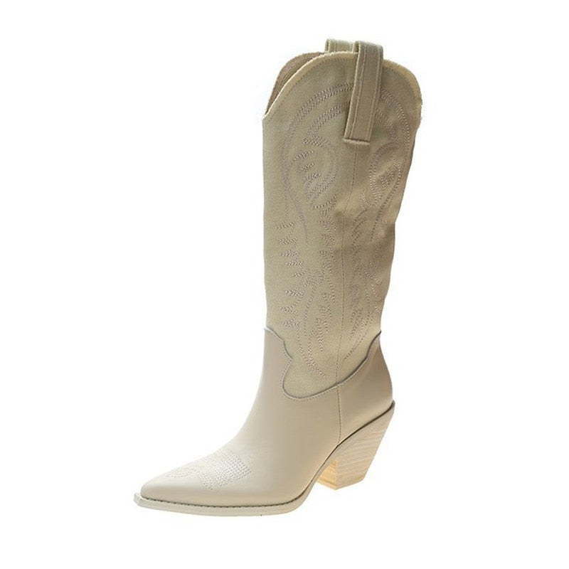 High Heel Leather Shoes Knee-High Cowboy Boots