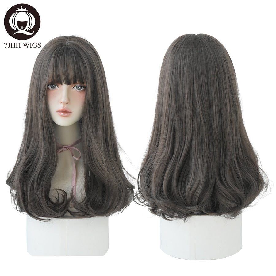 Long Wavy Synthetic Black Wigs For Women With Fringe Fashion Heat Resistant