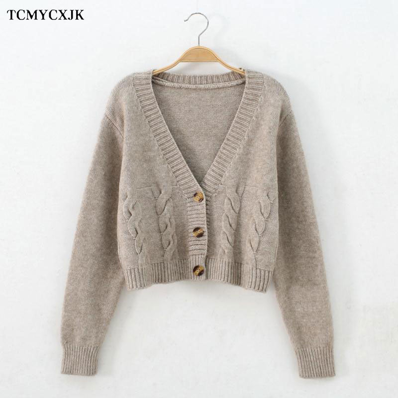 Short High Waist Slim Cable V-neck Sweater