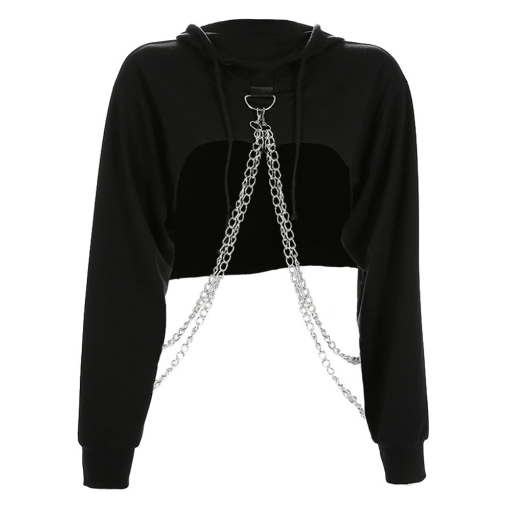 Hoodie Crop Top Jumper Pullover Chain Stitching Short Loose Sweatshirt