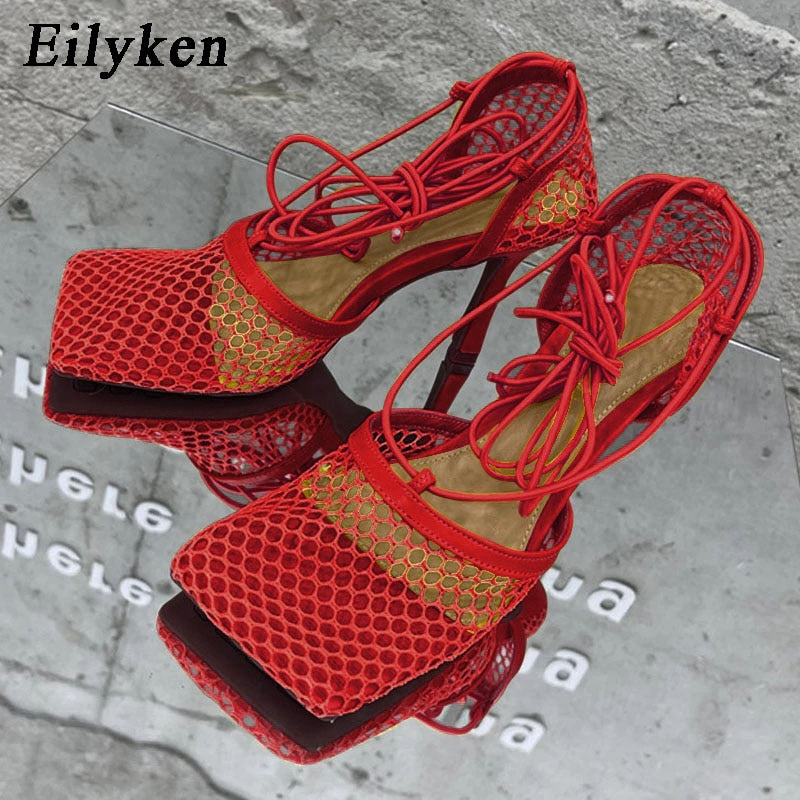 Eilyken Sexy Hollow Out Mesh Women Pumps Lace-Up Sandals  Square Toe High Heel