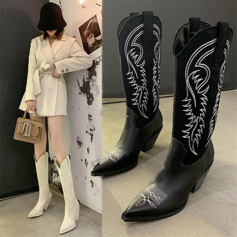 High Heel Leather Shoes Knee-High Cowboy Boots