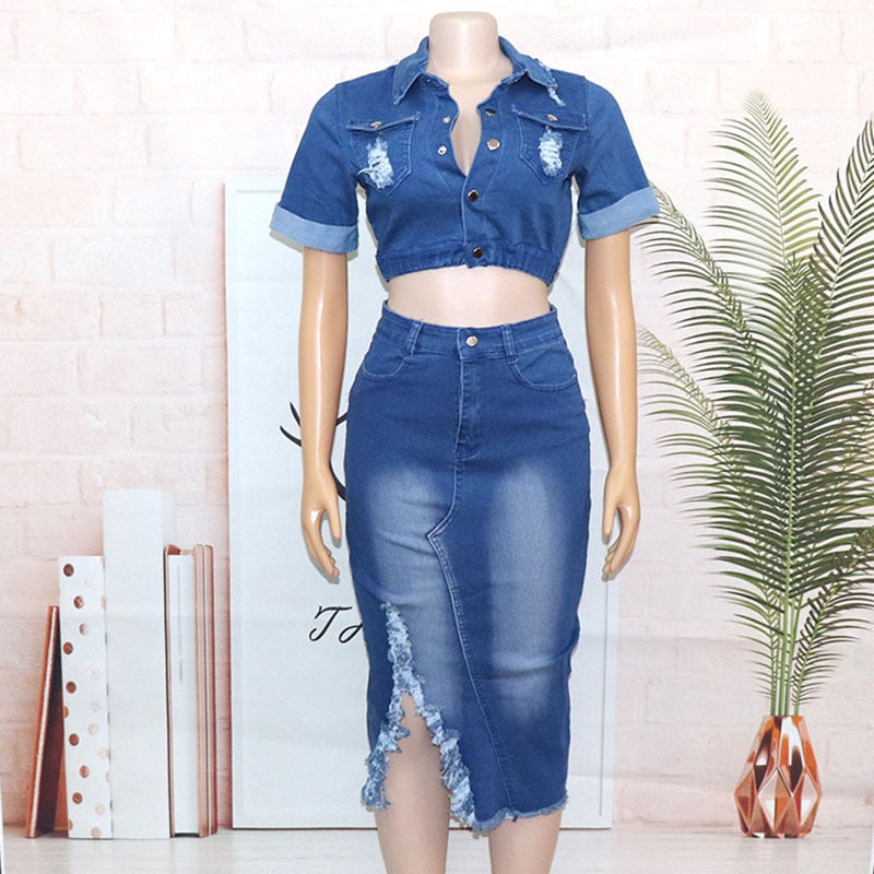 Sets Casual Slim Jeans Dress Women Short Jacket 2 Piece Set  Denim Matching Set