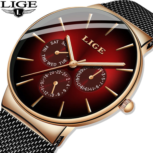 LIGE Luxury Quartz Watch Men Mesh Steel  Waterproof Ultra-thin Wristwatch