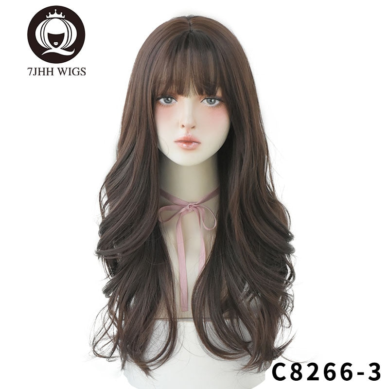 Long Wavy Synthetic Black Wigs For Women With Fringe Fashion Heat Resistant