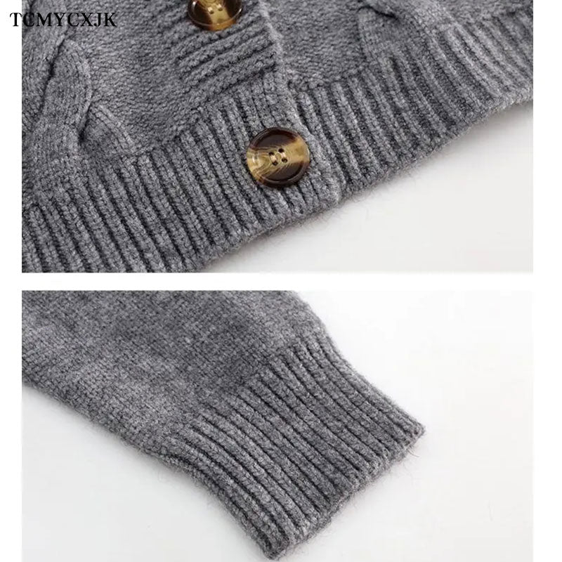 Short High Waist Slim Cable V-neck Sweater