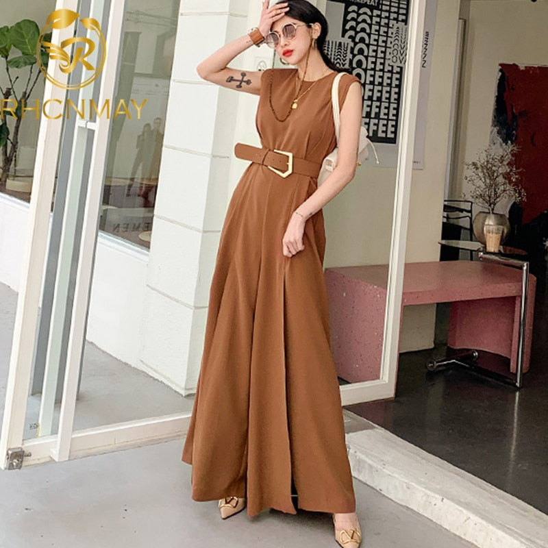 Ladies Jumpsuits Sleeveless O Neck Sashes Rompers Jumpsuit with Belt