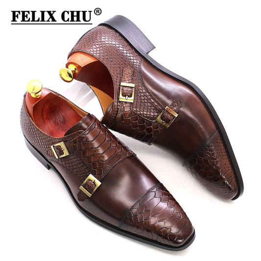 Mens Dress Shoes Genuine Leather Double Buckle Monk Strap Men Shoes Snake