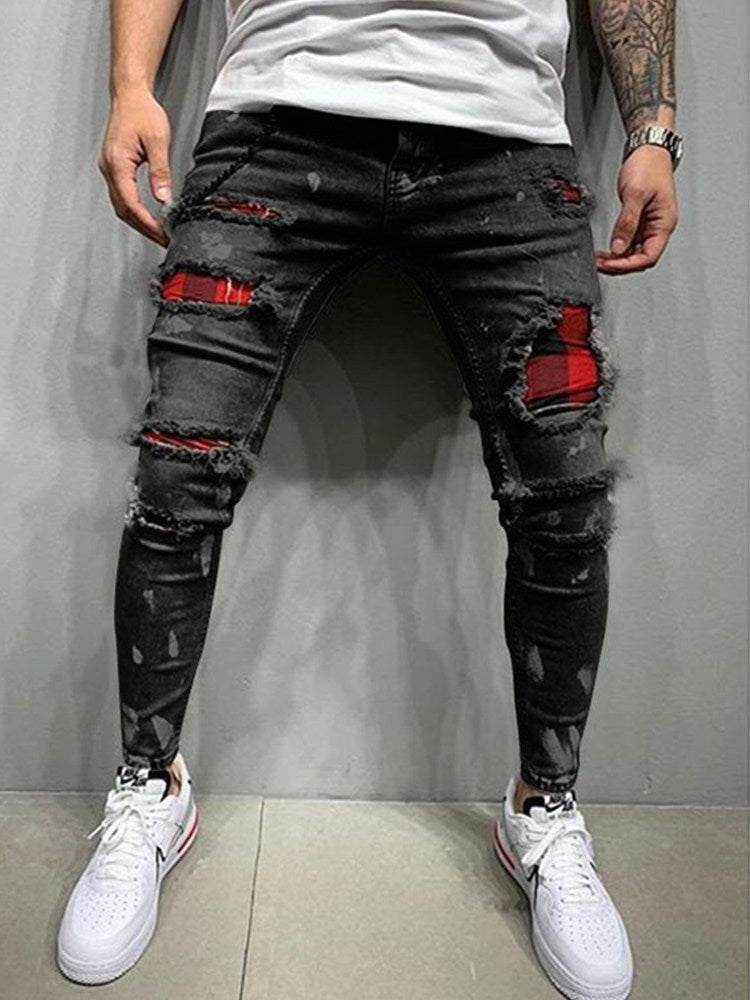 Slim-Fit Ripped Jeans Men Painted Jeans Patch Beggar Pants