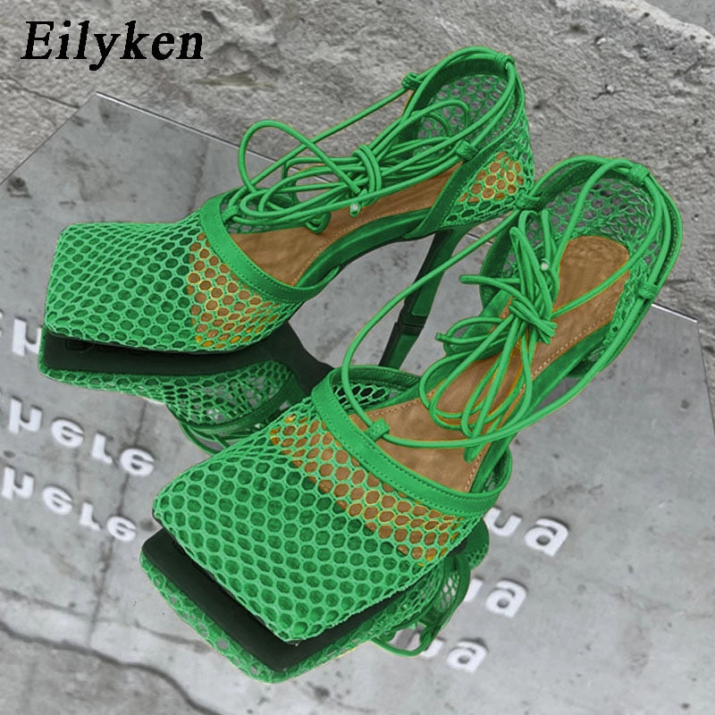 Eilyken Sexy Hollow Out Mesh Women Pumps Lace-Up Sandals  Square Toe High Heel