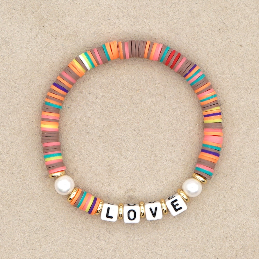 Boho Style Handmade Natural Shell and Beaded Multicolor Clay and Pearl Letter Bracelet