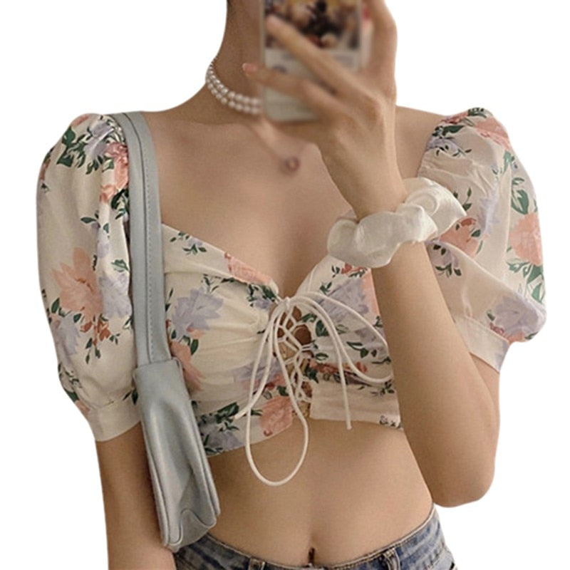 Floral Print  Drawstring Blouses Shirt Women Short Sleeve French Vintage