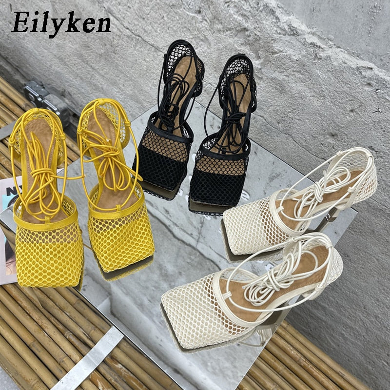 Eilyken Sexy Hollow Out Mesh Women Pumps Lace-Up Sandals  Square Toe High Heel