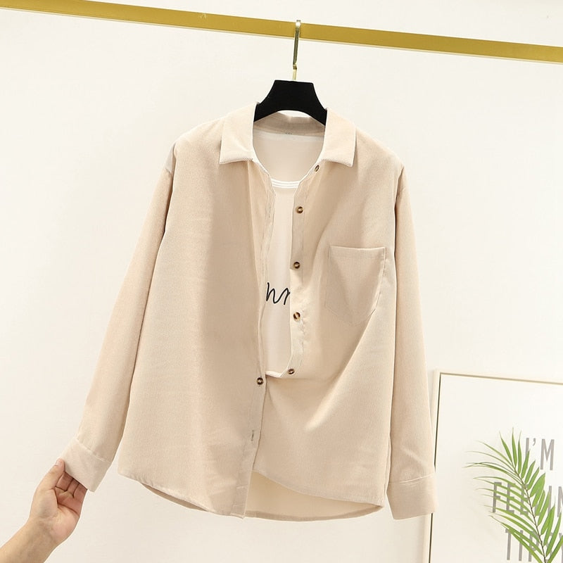 Spring Shirts Women Corduroy Blouses Loose Long Sleeve Solid Lady Tops