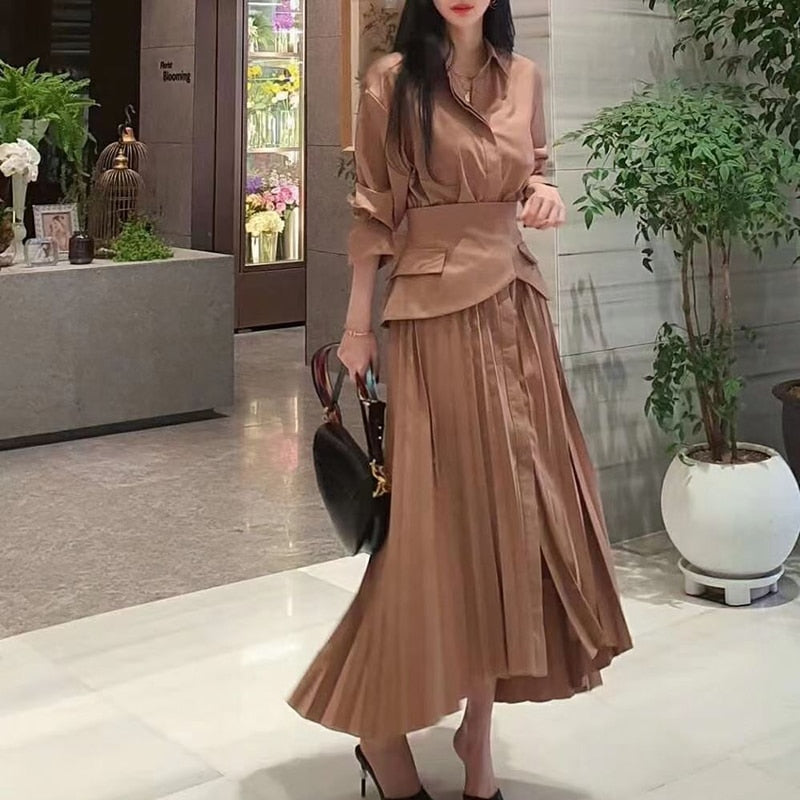 TWOTWINSTYLE Elegant Pleated Lapel Long Sleeve High Waist Maxi Dress