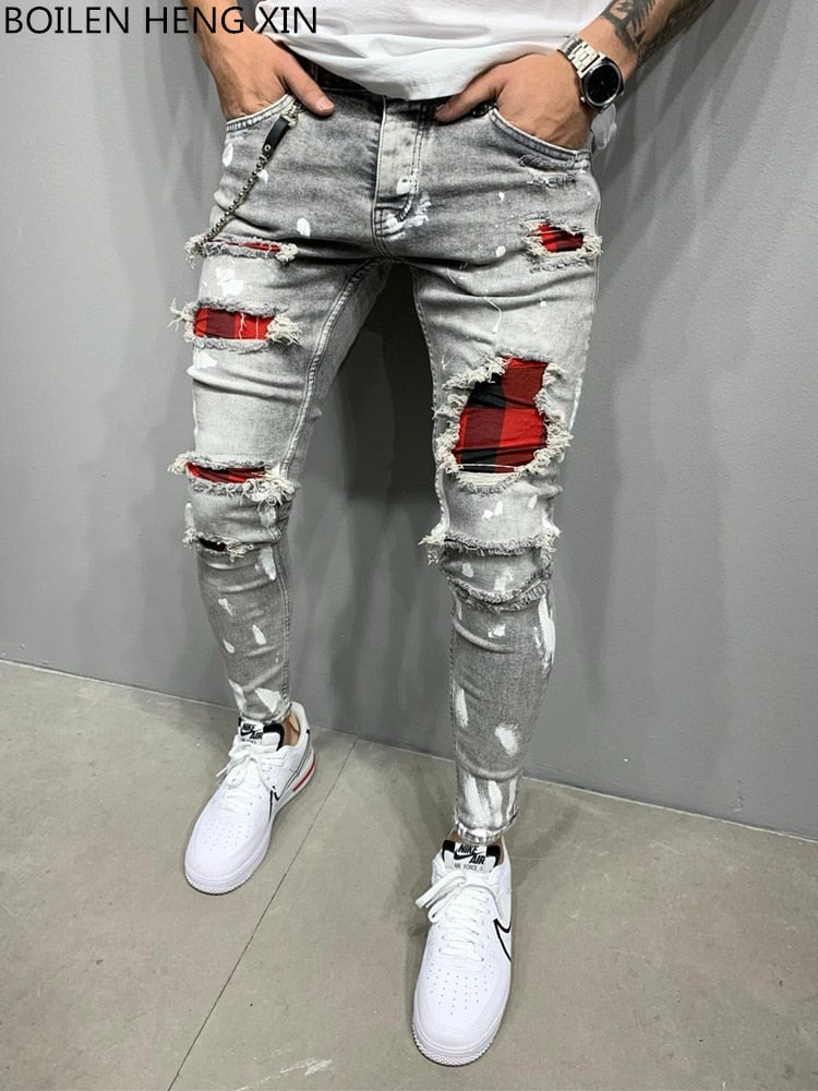 Slim-Fit Ripped Jeans Men Painted Jeans Patch Beggar Pants