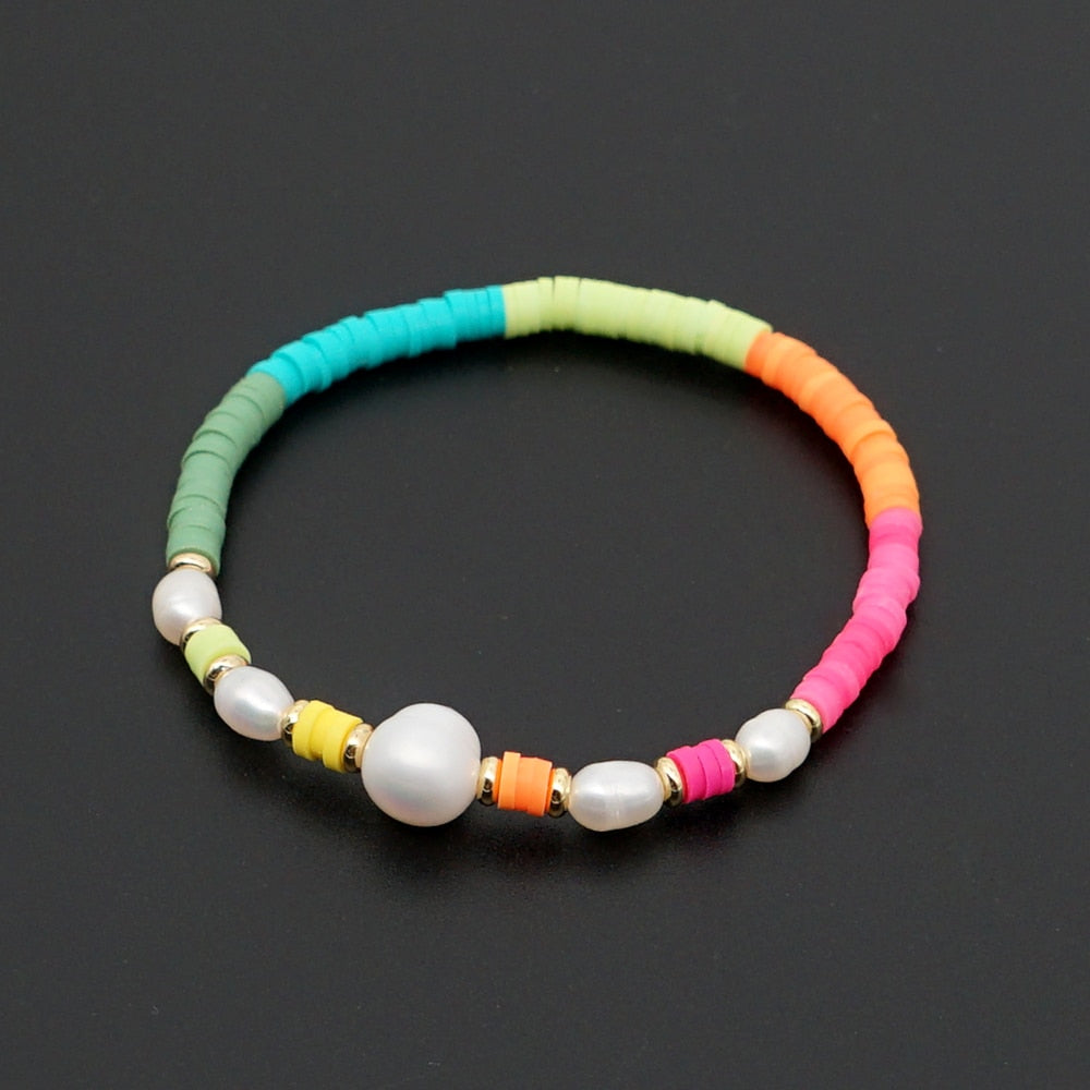 Boho Style Handmade Natural Shell and Beaded Multicolor Clay and Pearl Letter Bracelet