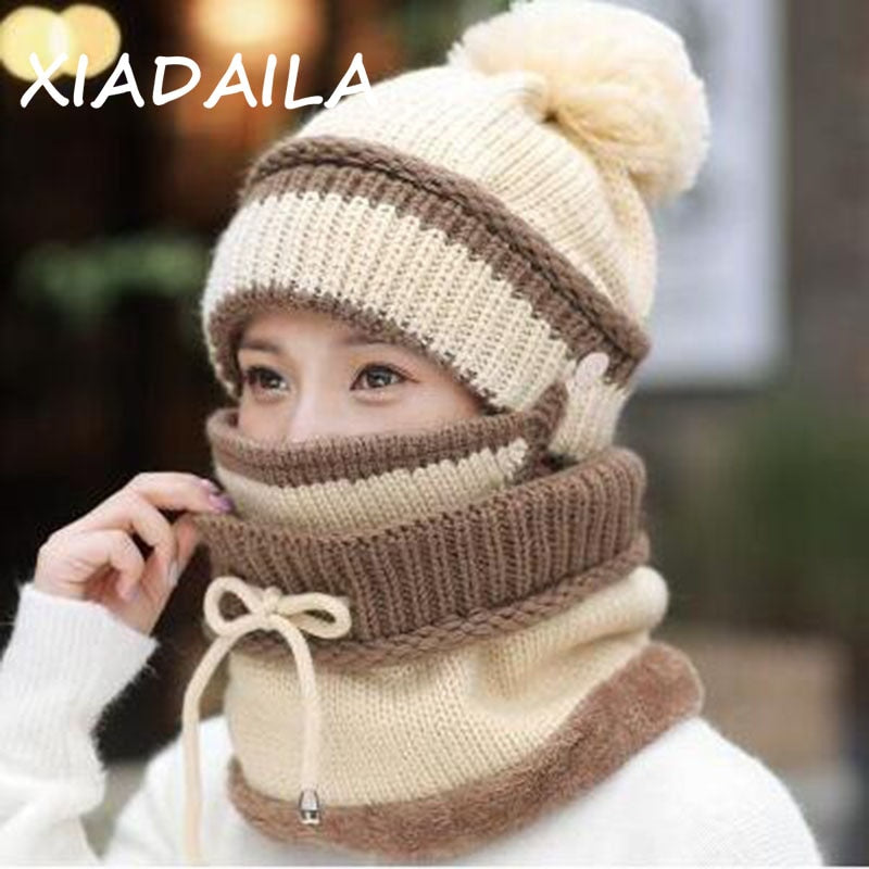 Hat winter women Scarf Thick Warm Fleece Inside Knitted Hat Scarf Set 3pcs