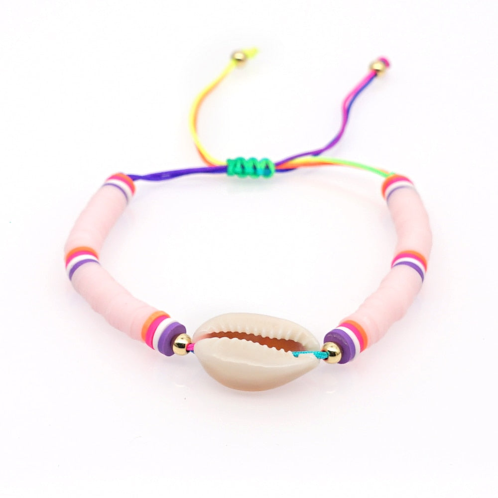 Boho Style Handmade Natural Shell and Beaded Multicolor Clay and Pearl Letter Bracelet