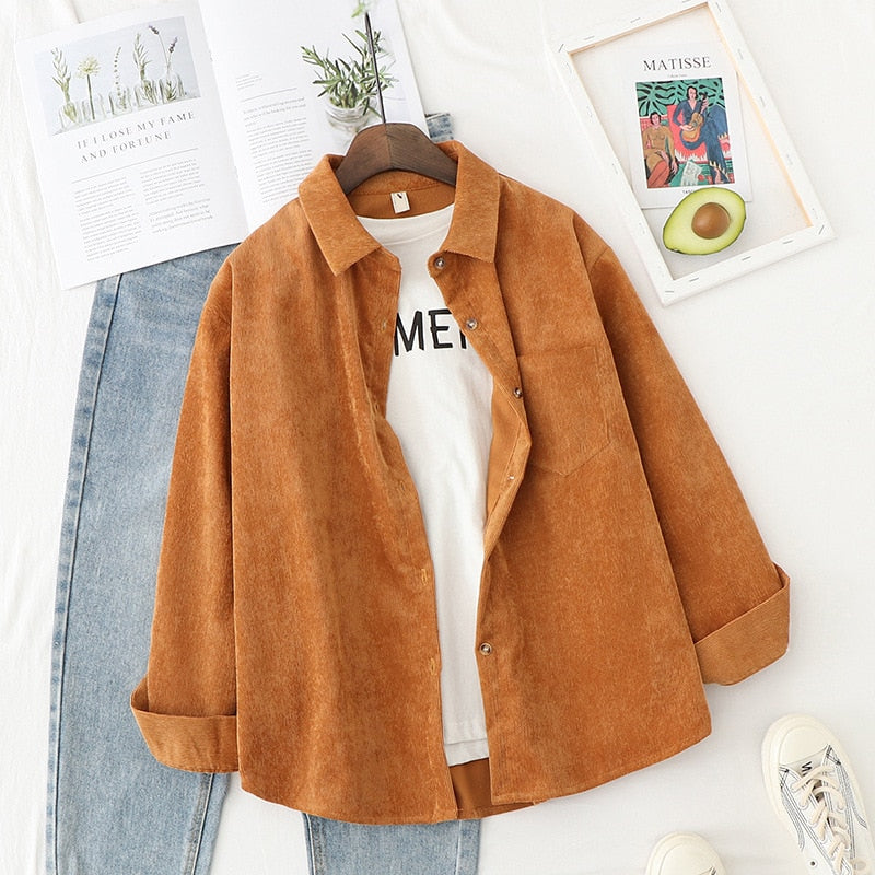 Spring Shirts Women Corduroy Blouses Loose Long Sleeve Solid Lady Tops