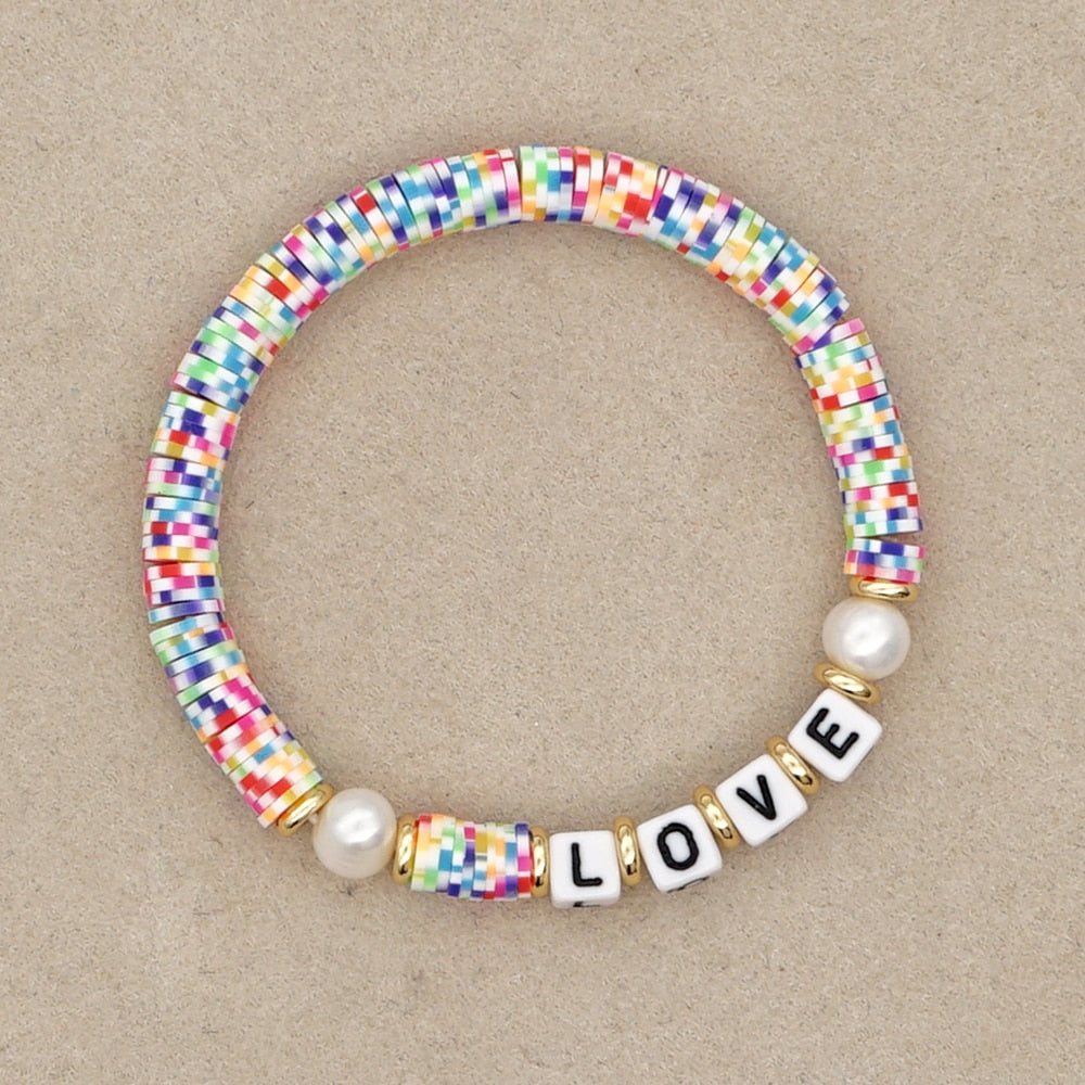 Boho Style Handmade Natural Shell and Beaded Multicolor Clay and Pearl Letter Bracelet