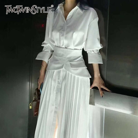 TWOTWINSTYLE Elegant Pleated Lapel Long Sleeve High Waist Maxi Dress