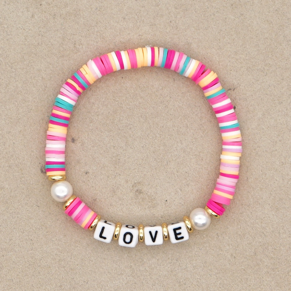 Boho Style Handmade Natural Shell and Beaded Multicolor Clay and Pearl Letter Bracelet