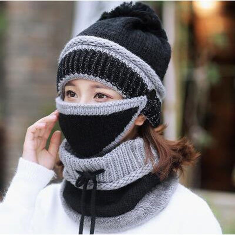 Hat winter women Scarf Thick Warm Fleece Inside Knitted Hat Scarf Set 3pcs