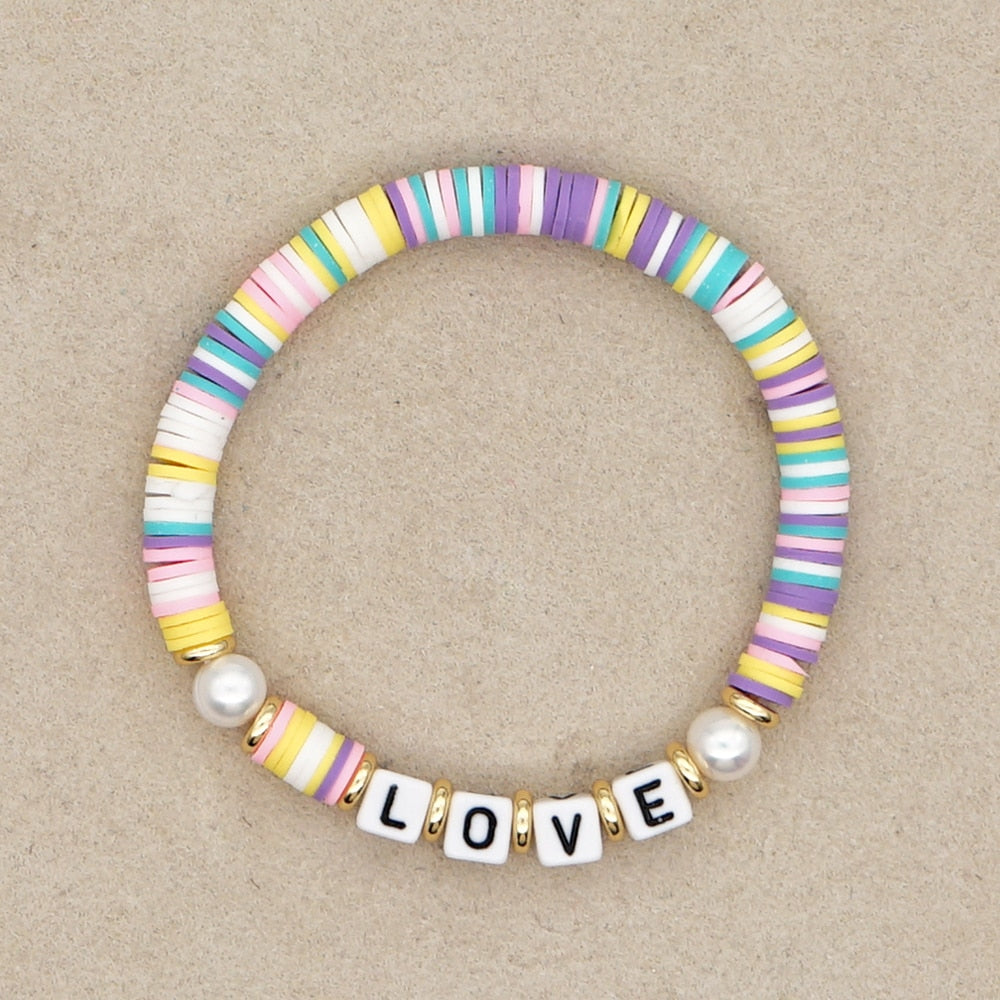 Boho Style Handmade Natural Shell and Beaded Multicolor Clay and Pearl Letter Bracelet