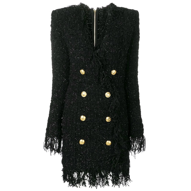 Long Sleeve Metal Lion Buttons Fringed Tweed Tassel Dress