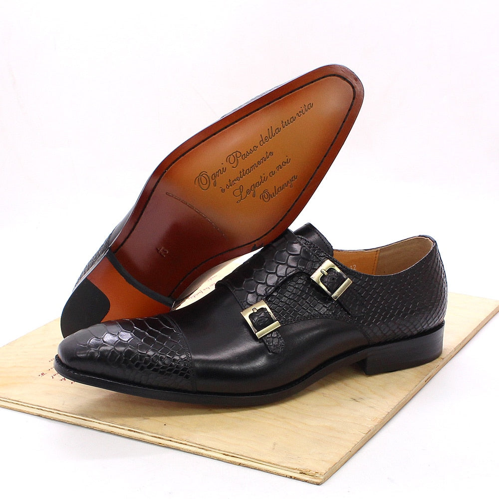 Mens Dress Shoes Genuine Leather Double Buckle Monk Strap Men Shoes Snake