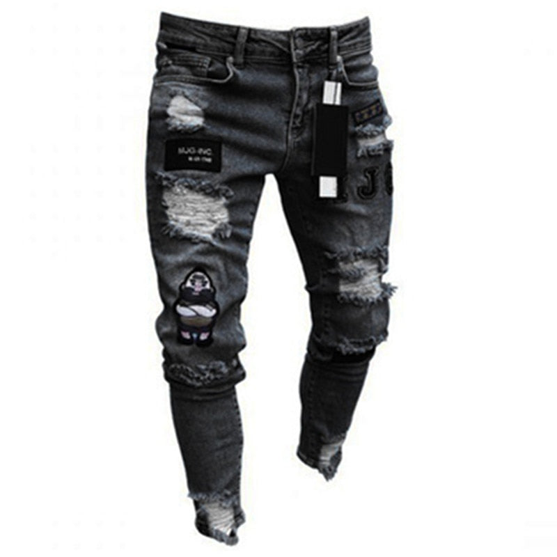 Slim-Fit Ripped Jeans Men Painted Jeans Patch Beggar Pants