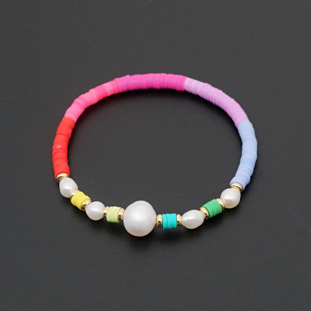 Boho Style Handmade Natural Shell and Beaded Multicolor Clay and Pearl Letter Bracelet