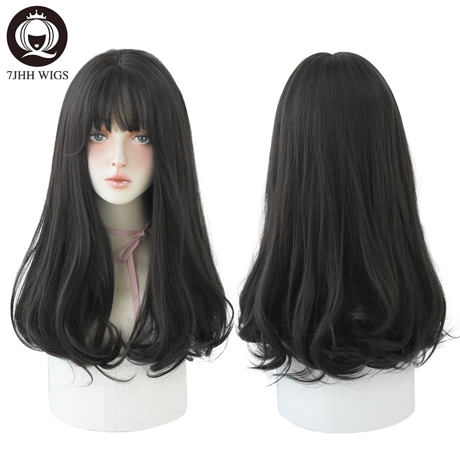 Long Wavy Synthetic Black Wigs For Women With Fringe Fashion Heat Resistant