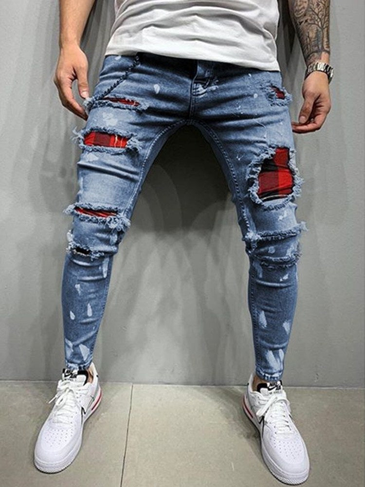 Slim-Fit Ripped Jeans Men Painted Jeans Patch Beggar Pants