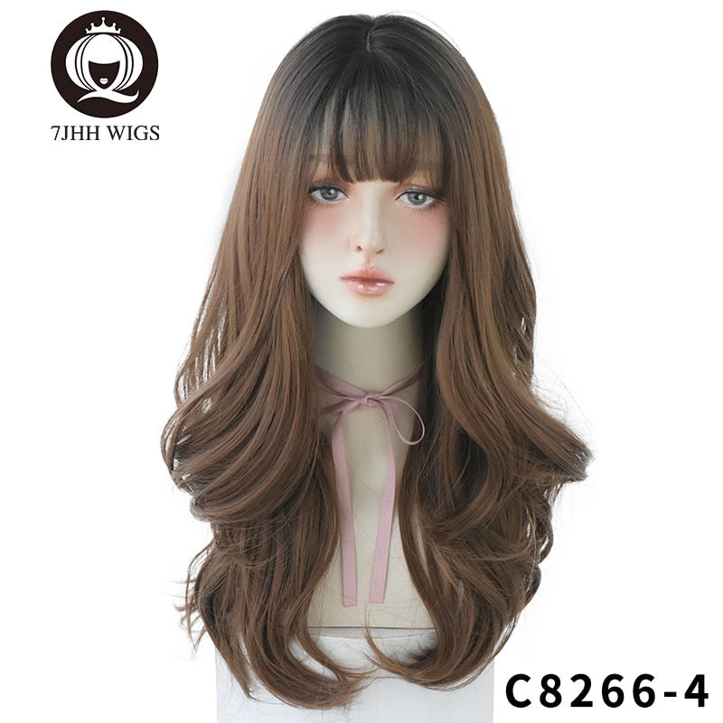 Long Wavy Synthetic Black Wigs For Women With Fringe Fashion Heat Resistant