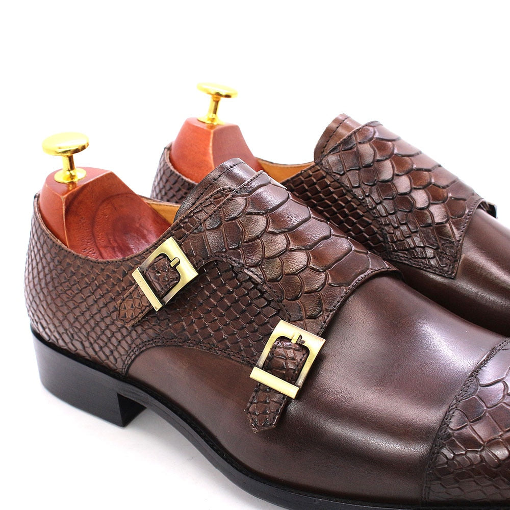 Mens Dress Shoes Genuine Leather Double Buckle Monk Strap Men Shoes Snake