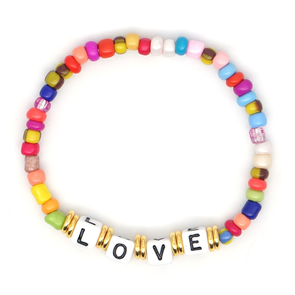 Boho Style Handmade Natural Shell and Beaded Multicolor Clay and Pearl Letter Bracelet