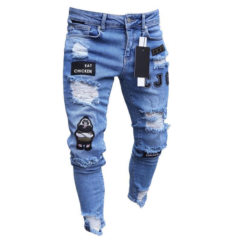 Slim-Fit Ripped Jeans Men Painted Jeans Patch Beggar Pants