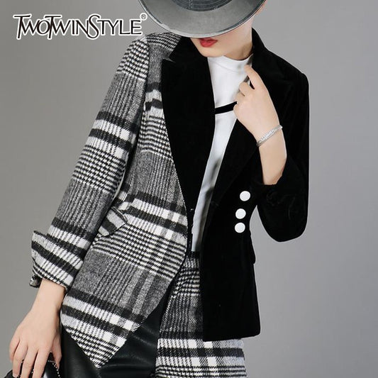 TWOTWINSTYLE Velour Patchwork Wool Plaid Blazer Coat