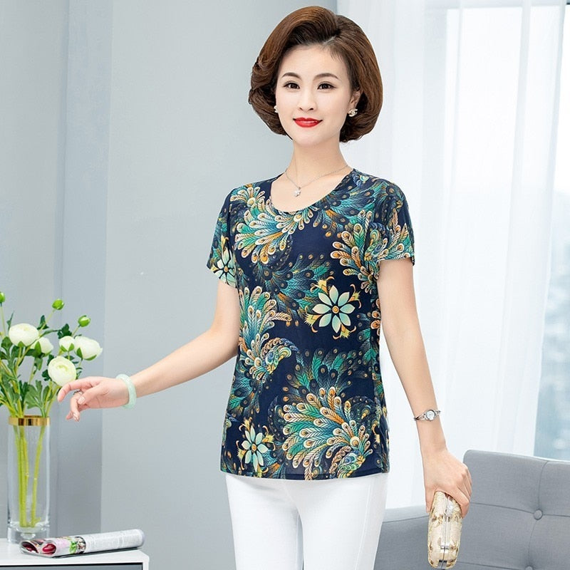 Women T Shirt Print Short Sleeve Milk Silk