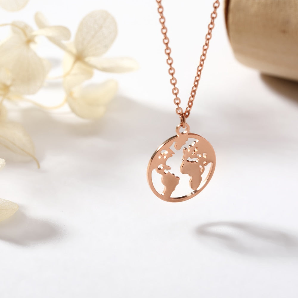 Globe World Map Necklace Stainless Steel