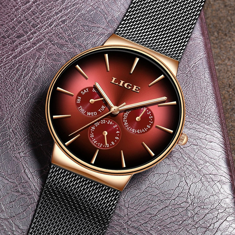 LIGE Luxury Quartz Watch Men Mesh Steel  Waterproof Ultra-thin Wristwatch