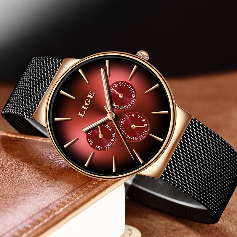 LIGE Luxury Quartz Watch Men Mesh Steel  Waterproof Ultra-thin Wristwatch