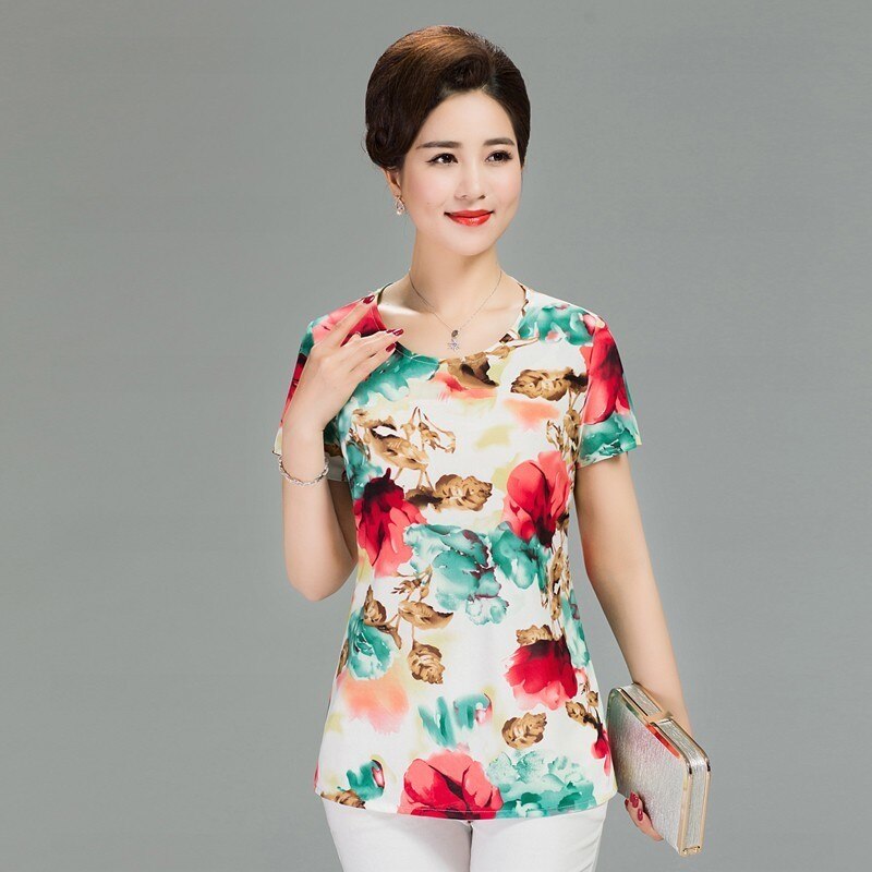 Women T Shirt Print Short Sleeve Milk Silk