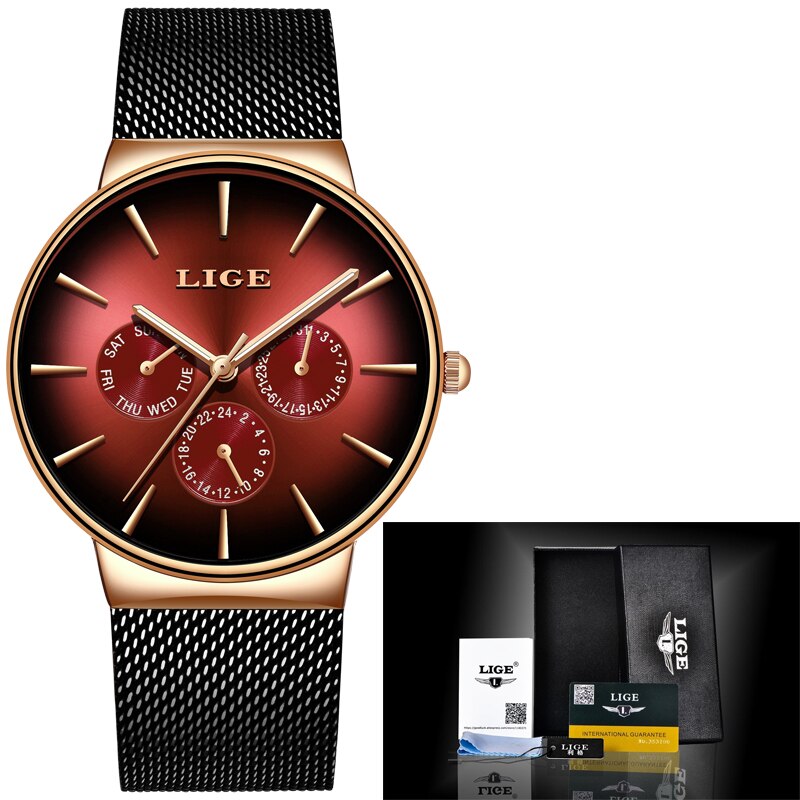 LIGE Luxury Quartz Watch Men Mesh Steel  Waterproof Ultra-thin Wristwatch