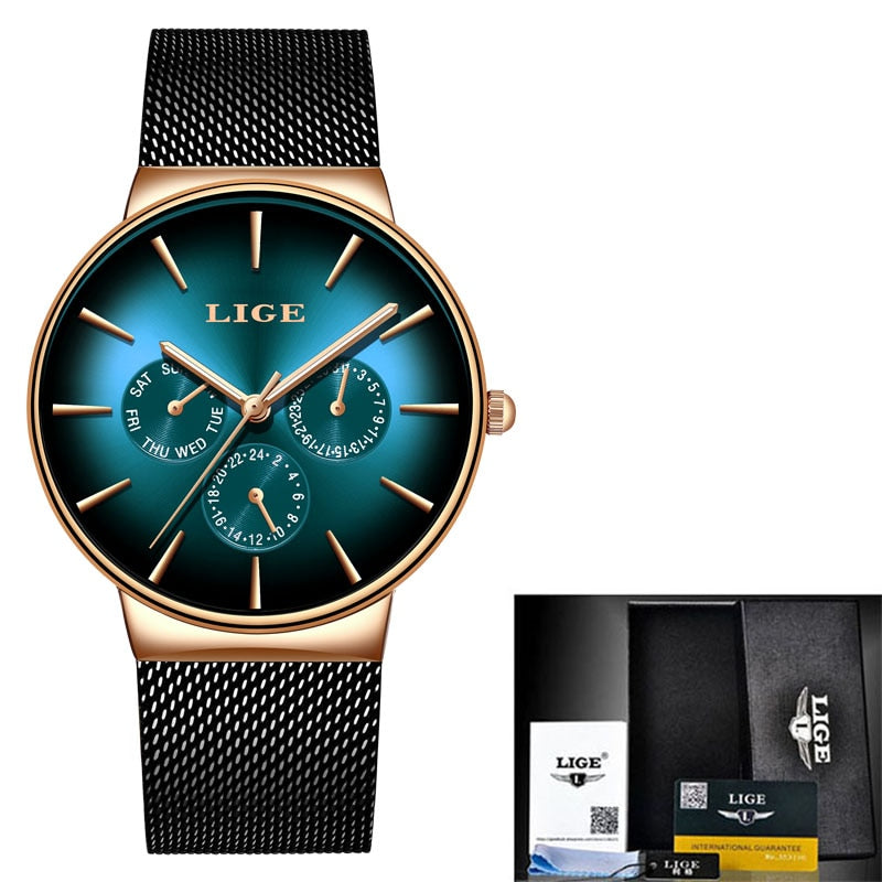 LIGE Luxury Quartz Watch Men Mesh Steel  Waterproof Ultra-thin Wristwatch