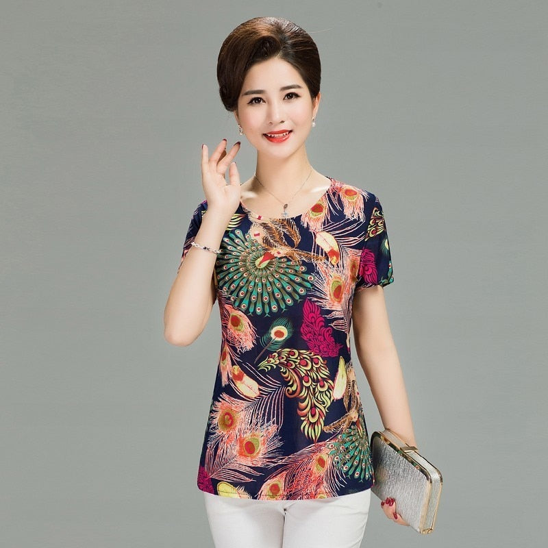 Women T Shirt Print Short Sleeve Milk Silk